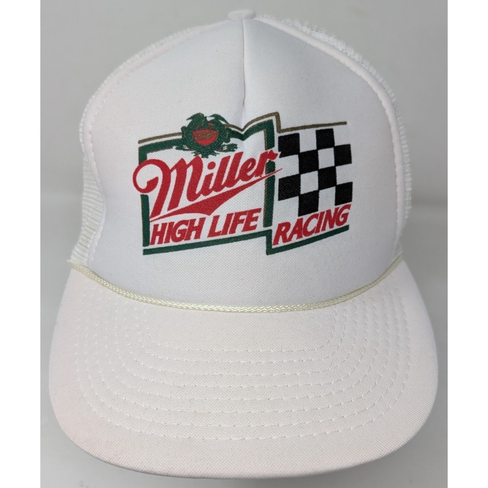 Miller High Life Racing Snapback Mesh Trucker Hat Baseball Cap Rope White VTG